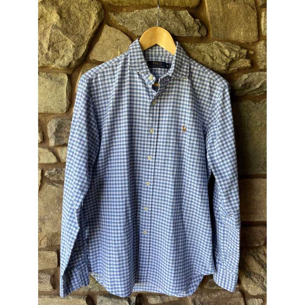 Polo Ralph Lauren Mens Blue White Plaid Long Sleeve Button Down Shirt Size M